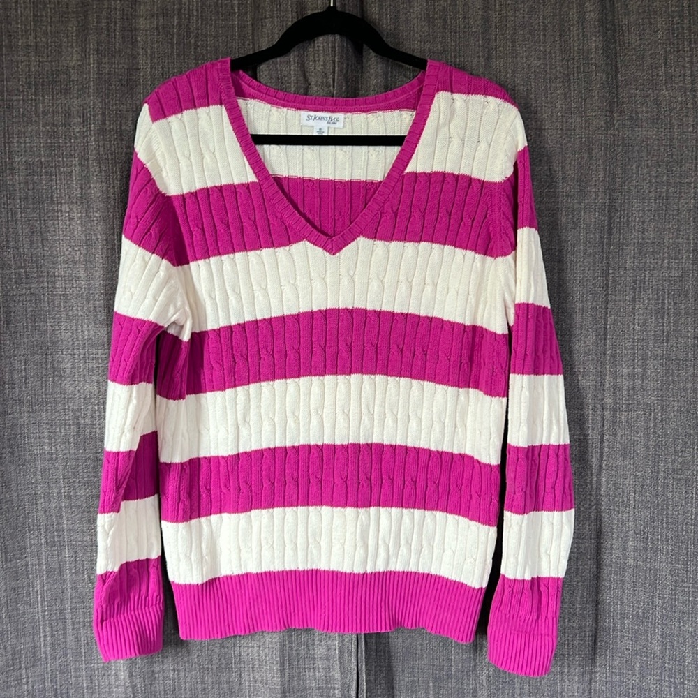 St. John’s bay magenta and white striped vneck knit sweater size XL